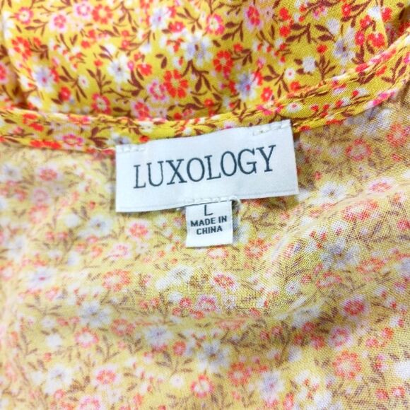 Luxology Yellow Floral Midi Dress Smocked Waist Short Sleeves Womans Large...... - Picture 3 of 10